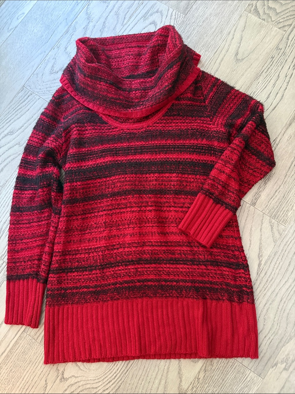 Red and Black Striped Cowl Neck Sweater